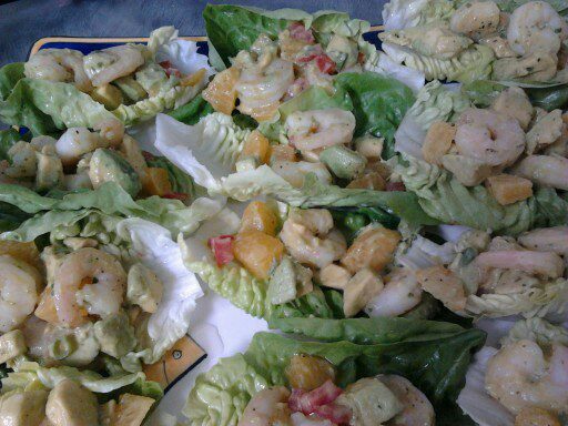 Avocado, prawn and orange salad in cos leaves