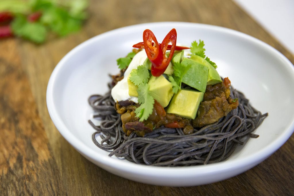 Vegetable Chilli with Black Bean Spaghetti