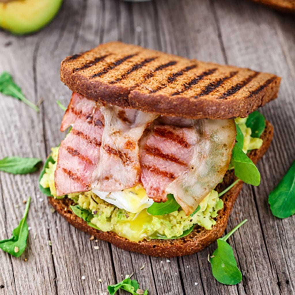 Avocado, bacon and eggs on toast