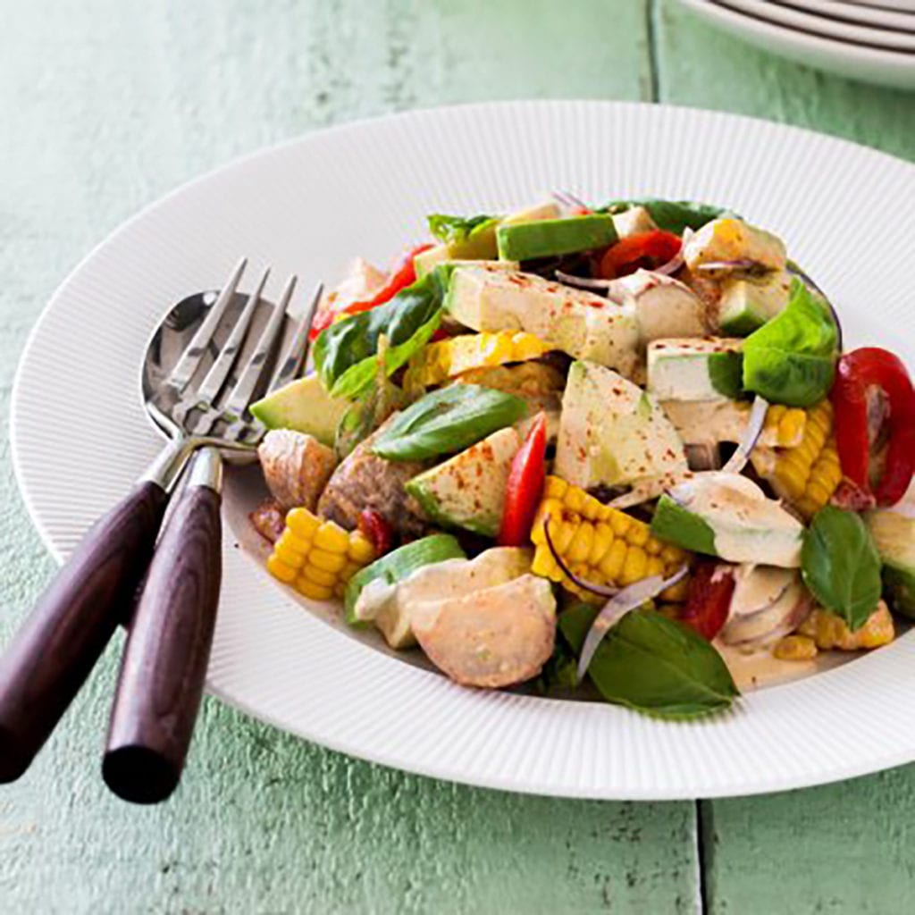 Smoky Avocado, Corn, Roast Red Pepper and Potato Salad