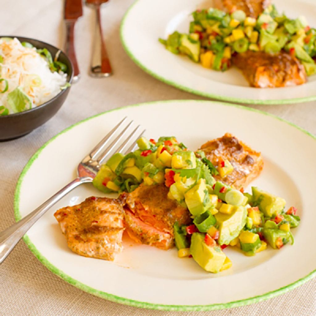 Jerk Regal Salmon with Avocado Mango Salsa