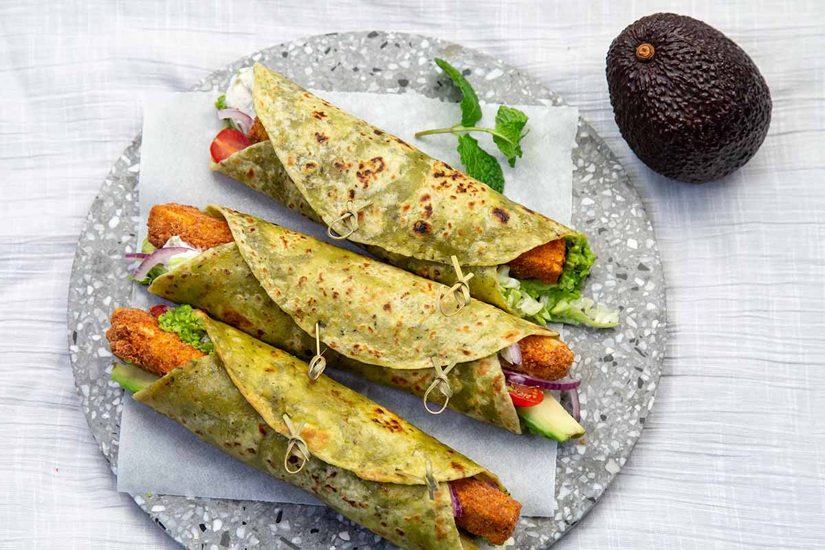 Vegetarian “Fish Finger” Wraps with pea puree New Zealand Avocado