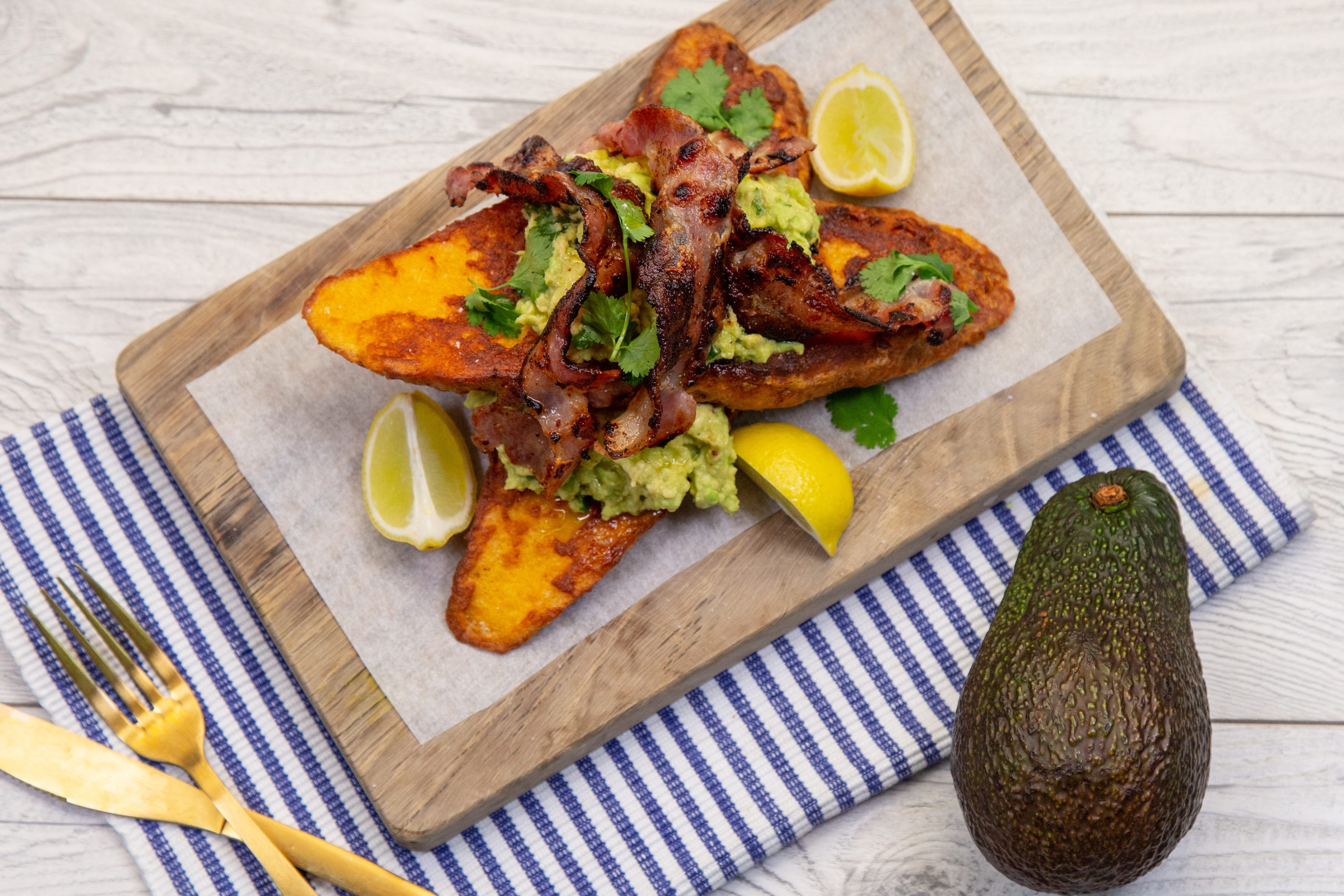 Smashed Avo and Bacon on Sweetcorn French Toast - New Zealand Avocado