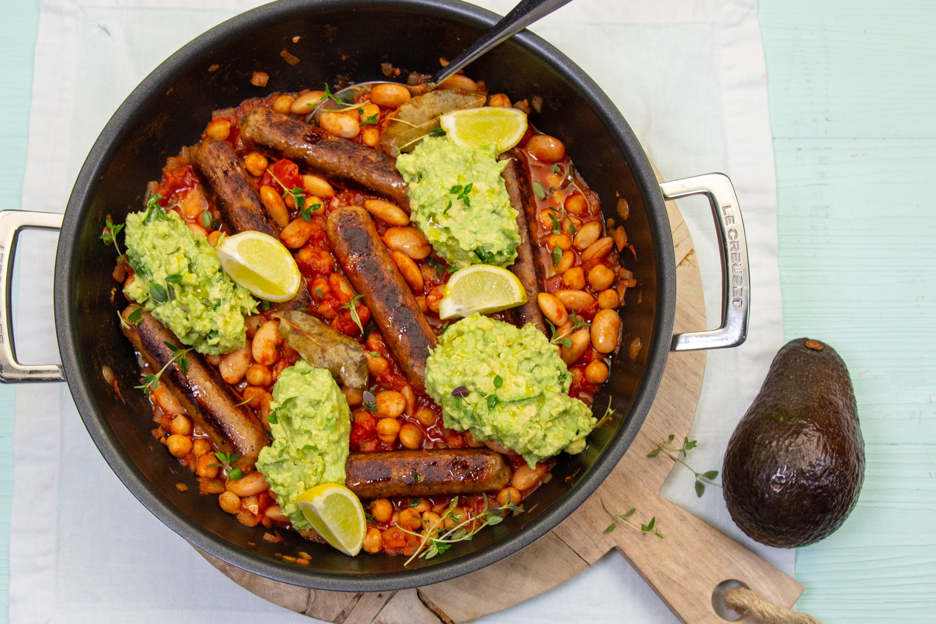 Smoked Veggie Sausage & Chilli Baked Butter Beans - New Zealand Avocado