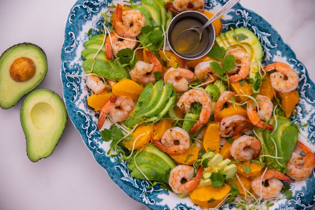 Fast BBQ Garlic Prawns With Avocado Salad