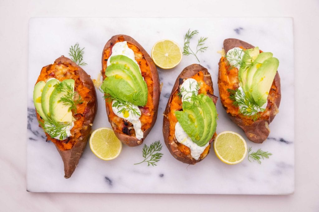 Stuffed Sweet Potato with Bacon & Dill Cream