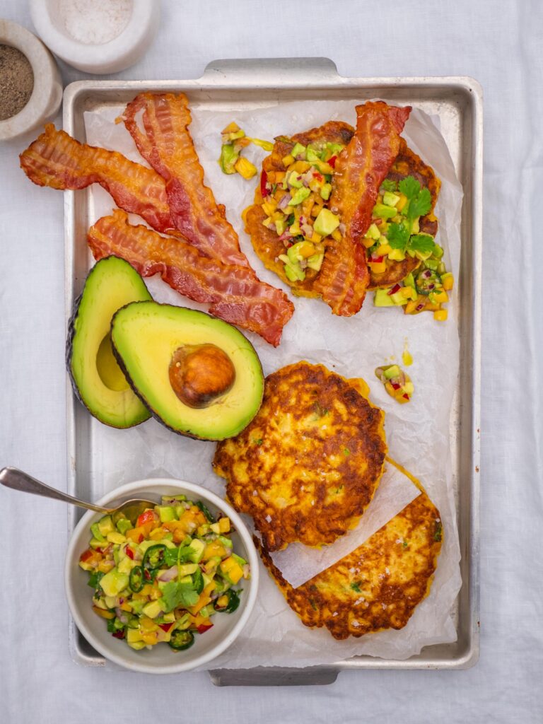 Bacon corn fritters with avocado salsa