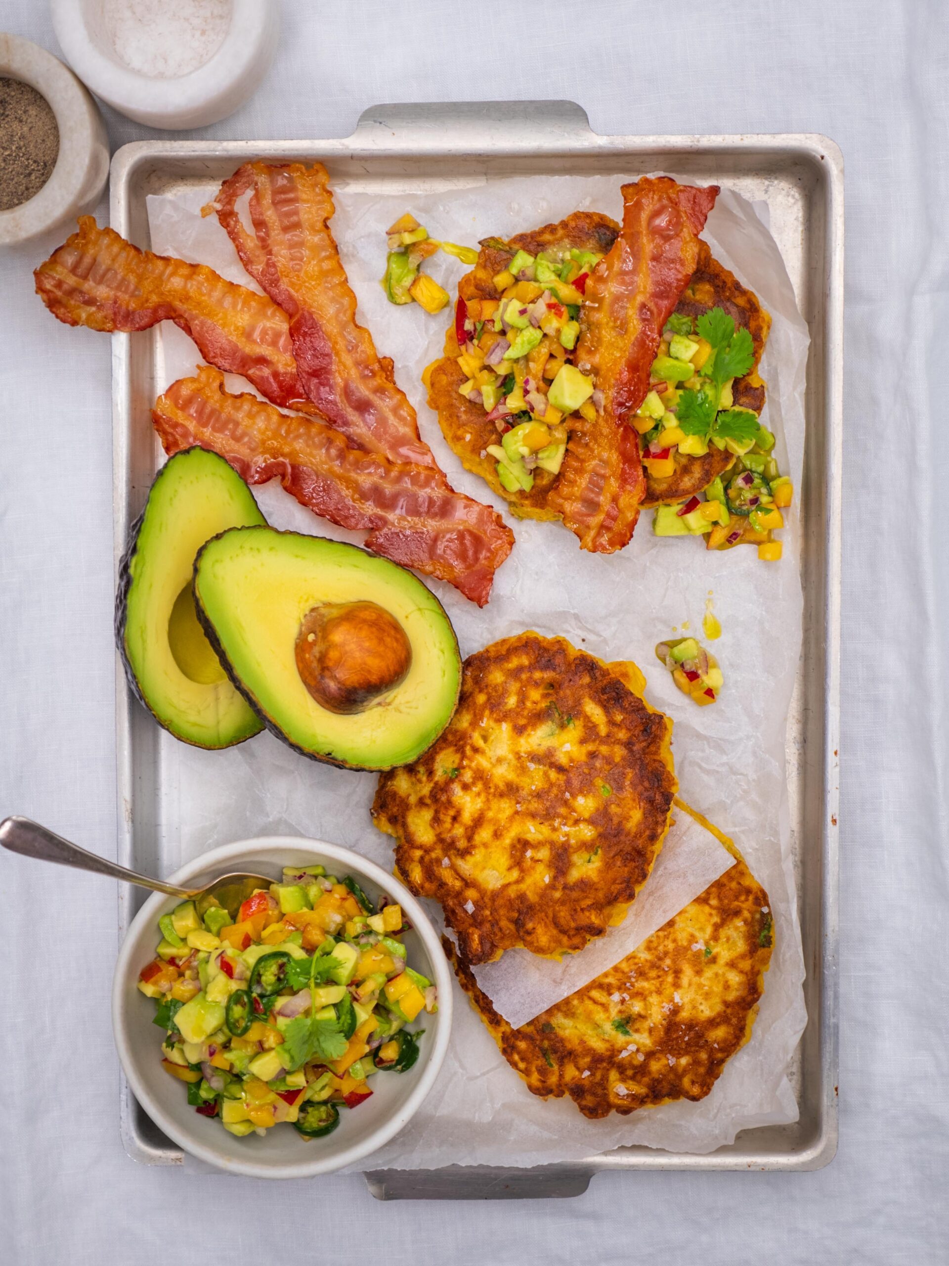 Bacon corn fritters with avocado salsa New Zealand Avocado
