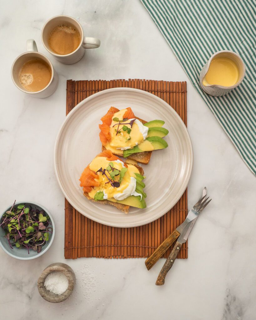 Eggs Benedict, Salmon and Avocado with Easy Hollandaise Sauce