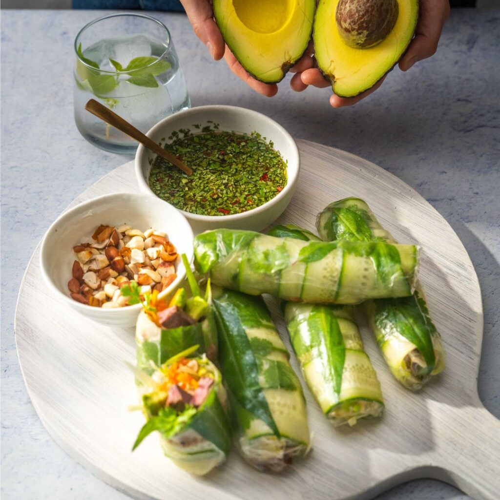 Lemongrass venison steak & avocado summer rolls