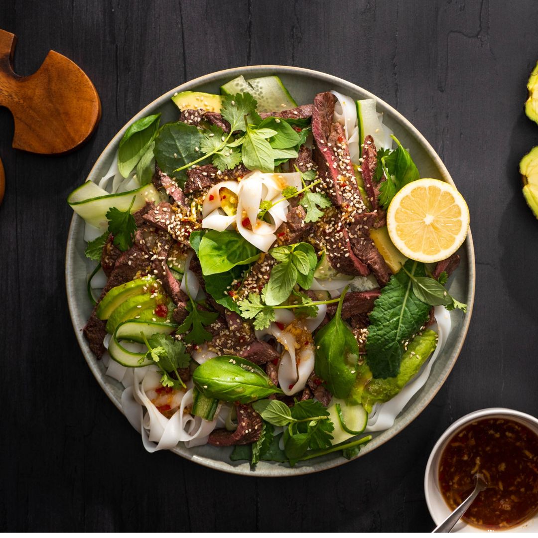 Venison steak rice noodle salad New Zealand Avocado