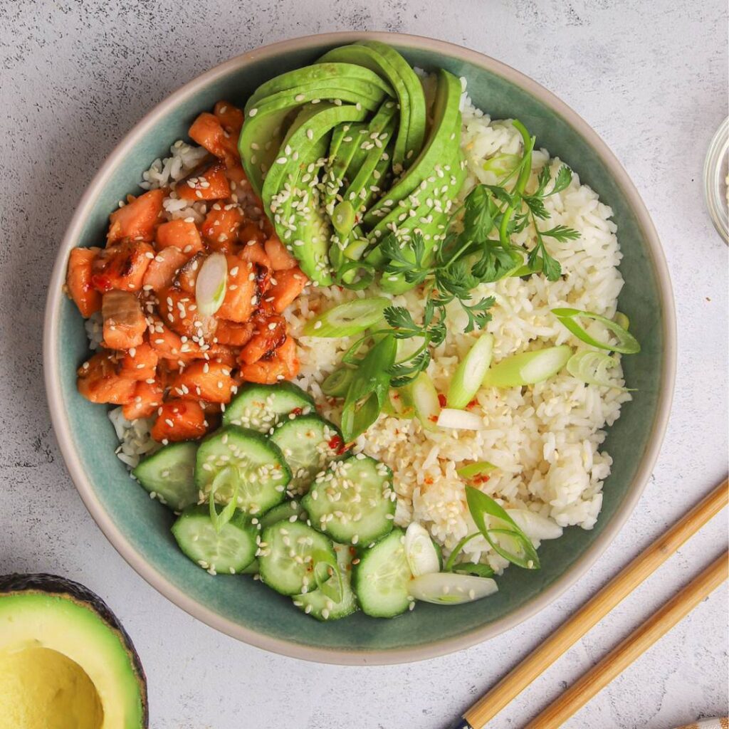 Hot honey salmon and avocado bowl