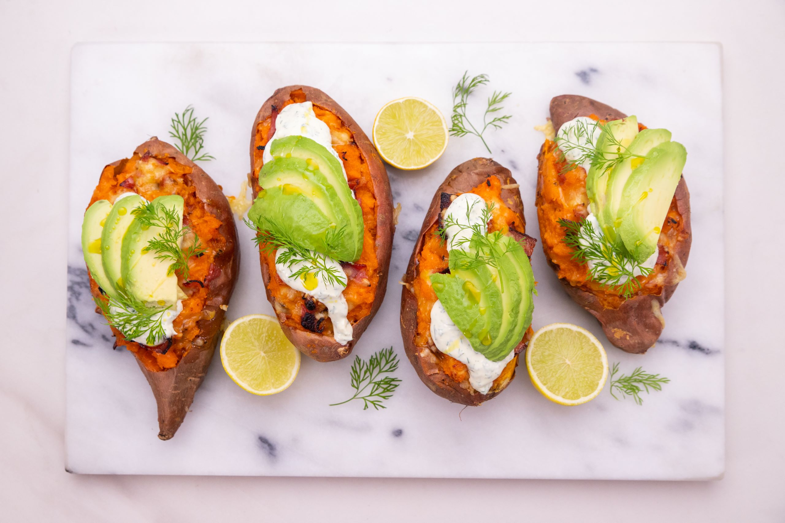 Stuffed Sweet Potato with Bacon & Dill Cream - New Zealand Avocado